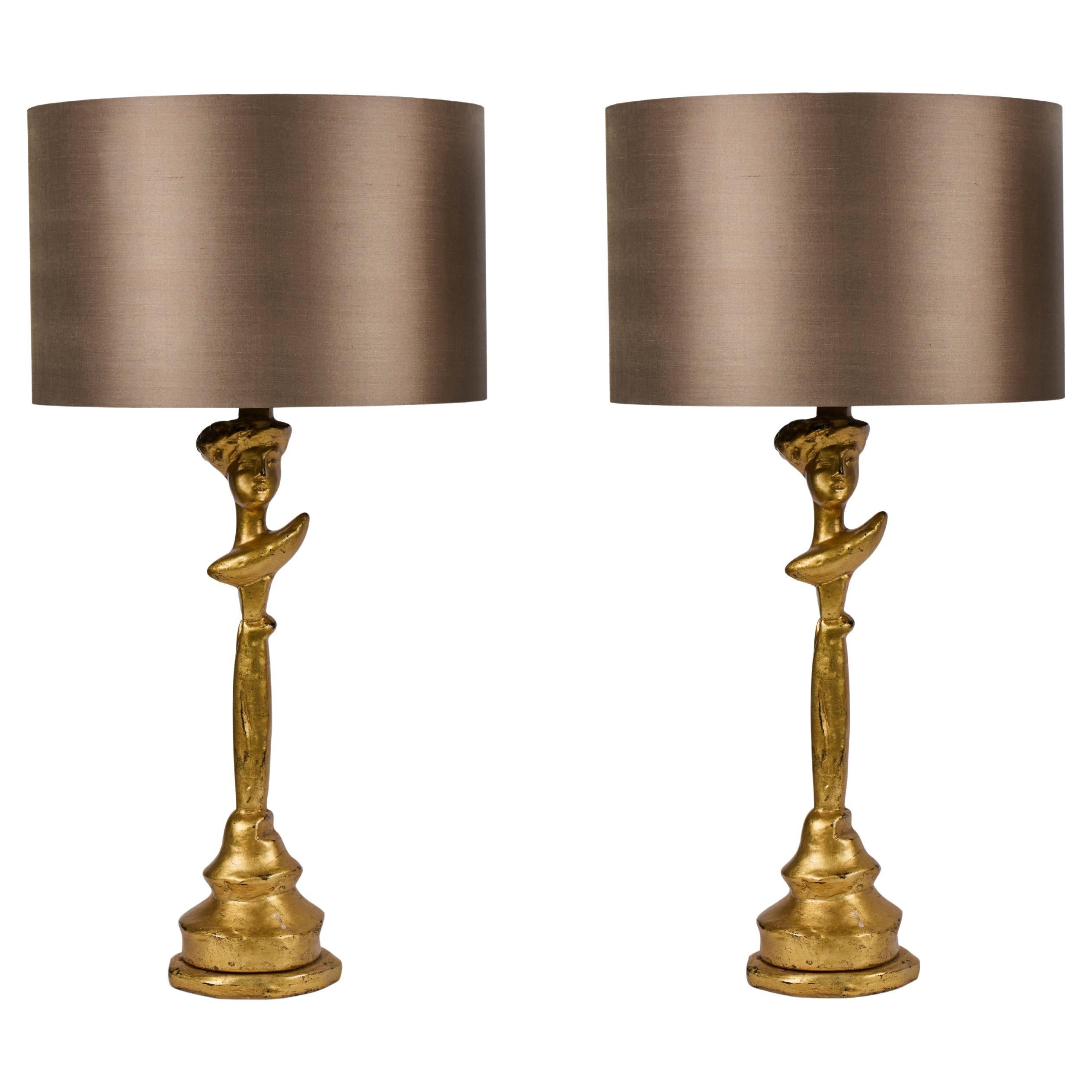 Pair of Gilt Tete-a-Tete Figural Lamps by Sirmos, 1980's For Sale