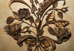 Pair of Gilt Tole Candelabra Sconces Each with Two Candleholders Nice Patina