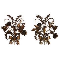 Pair of Gilt Tole Candelabra Sconces Each with Two Candleholders Nice Patina