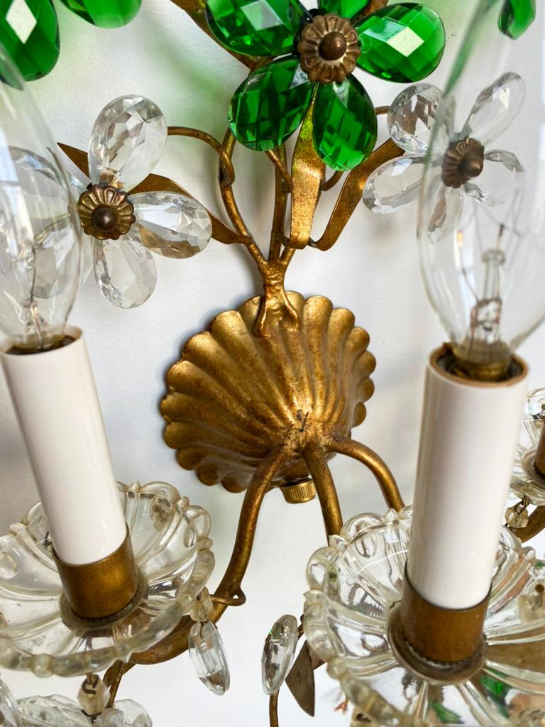 Metal Pair of Gilt Tole Clear and Green Crystal Sconces Attributed to Maison Baguès For Sale