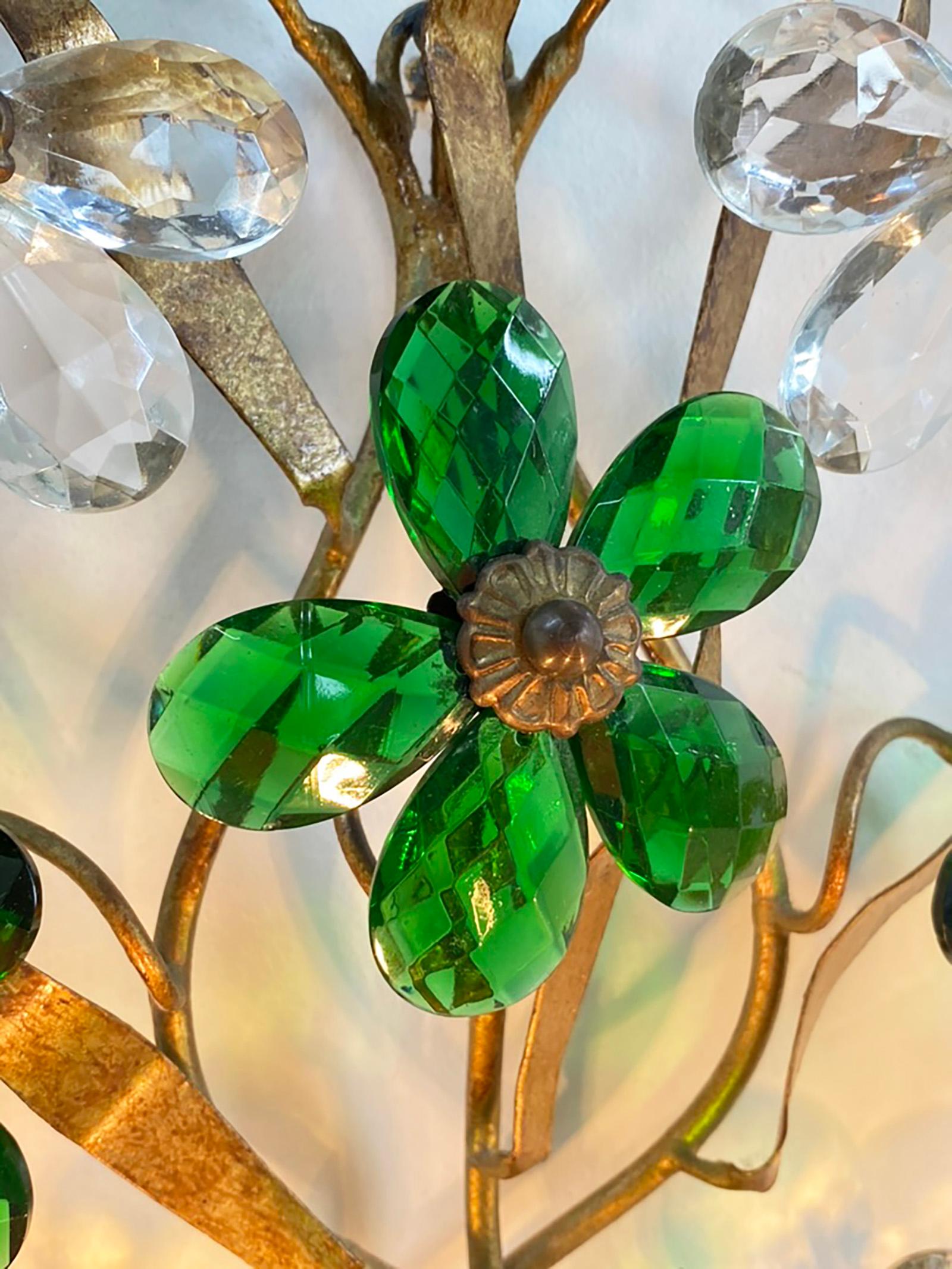 Pair of Gilt Tole Clear and Green Crystal Sconces Attributed to Maison Baguès For Sale 2