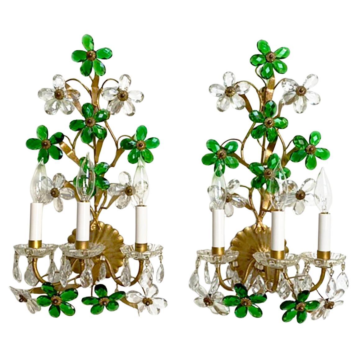 Pair of Gilt Tole Clear and Green Crystal Sconces Attributed to Maison Baguès