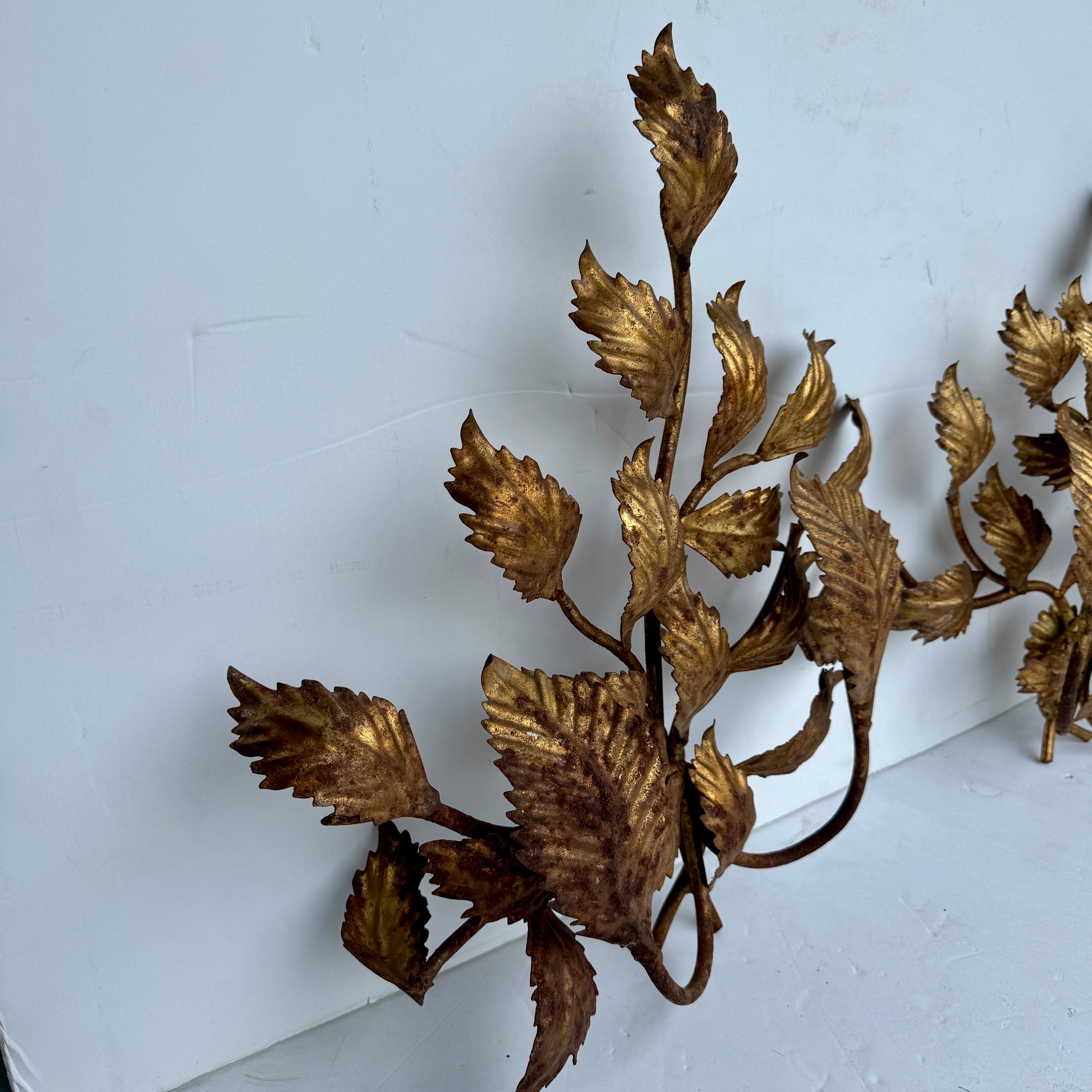 Italian Pair of Gilt Tole Metal Wall Fragments Sculptures, Italy 1950's For Sale