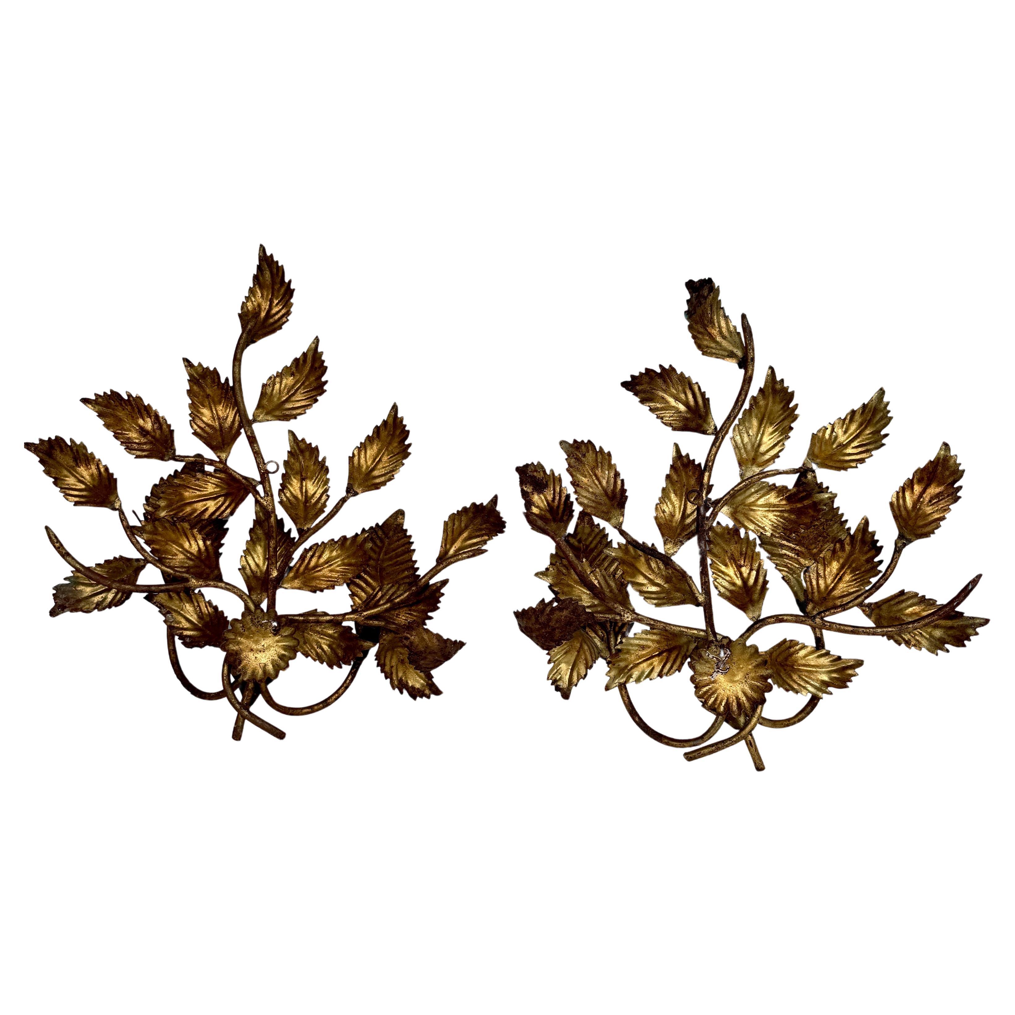 Pair of Gilt Tole Metal Wall Fragments Sculptures, Italy 1950's For Sale