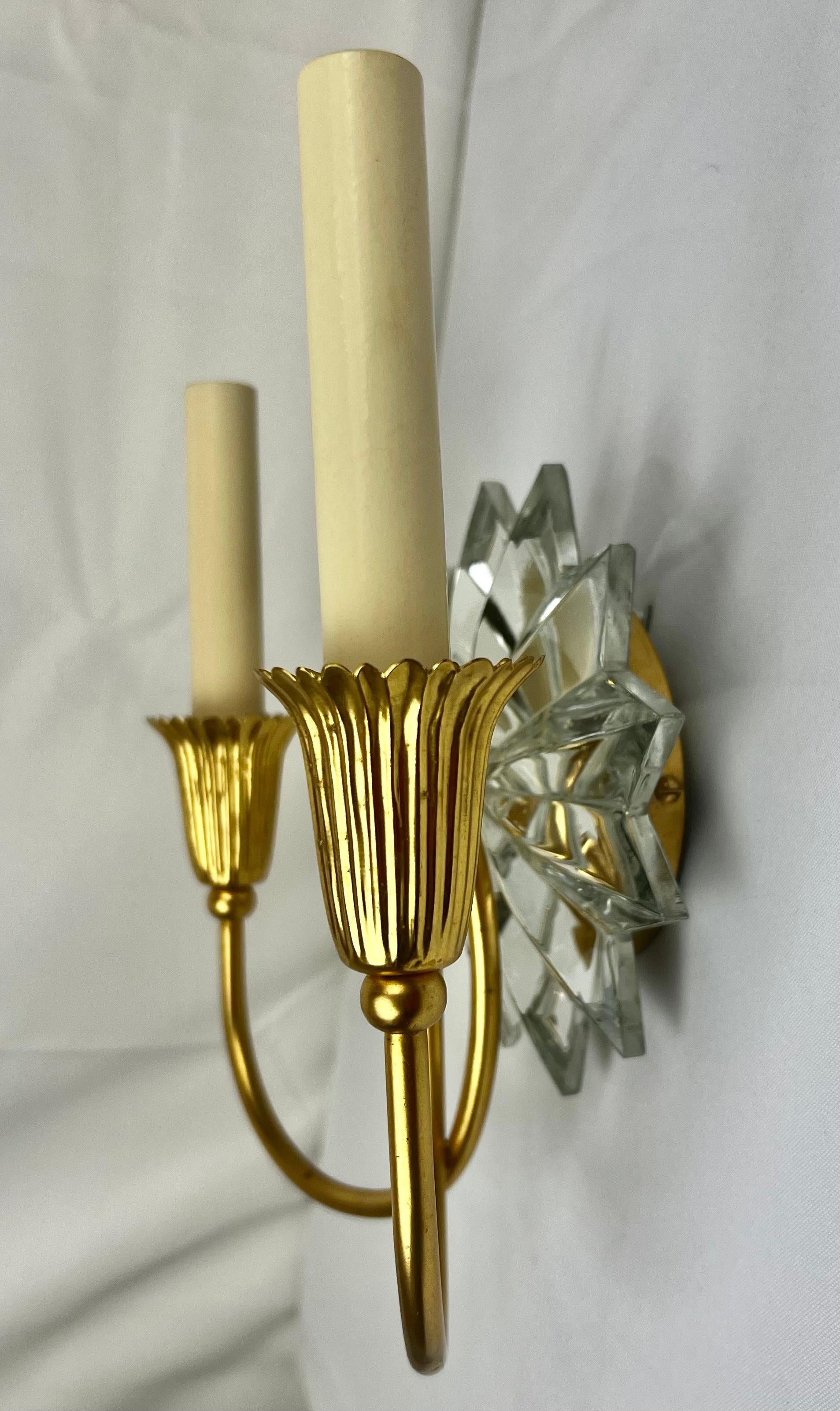 American Pair of Gilt Two Light Sconces with Mirrored Twelve Point Star Bursts For Sale