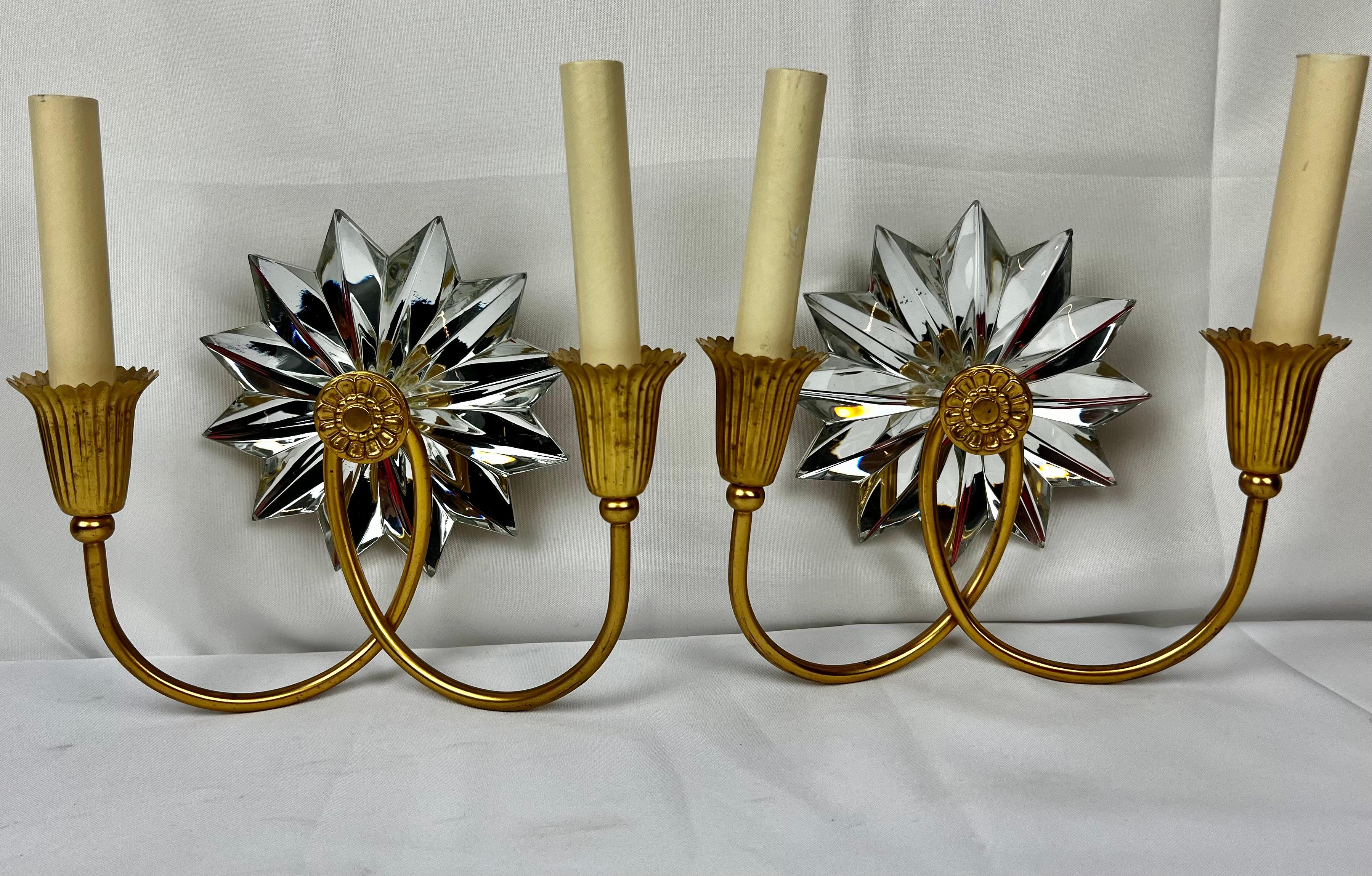 Late 20th Century Pair of Gilt Two Light Sconces with Mirrored Twelve Point Star Bursts For Sale