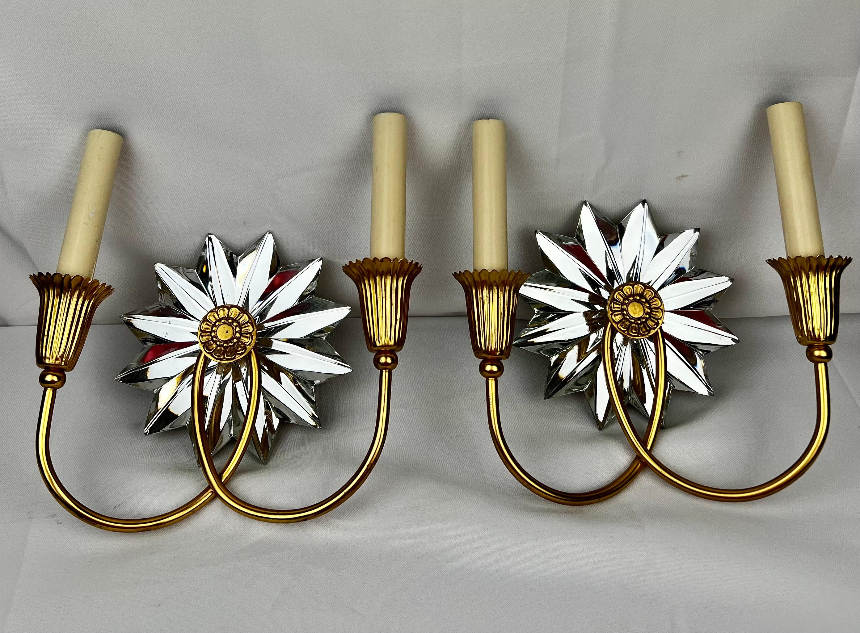 Gold Plate Pair of Gilt Two Light Sconces with Mirrored Twelve Point Star Bursts For Sale