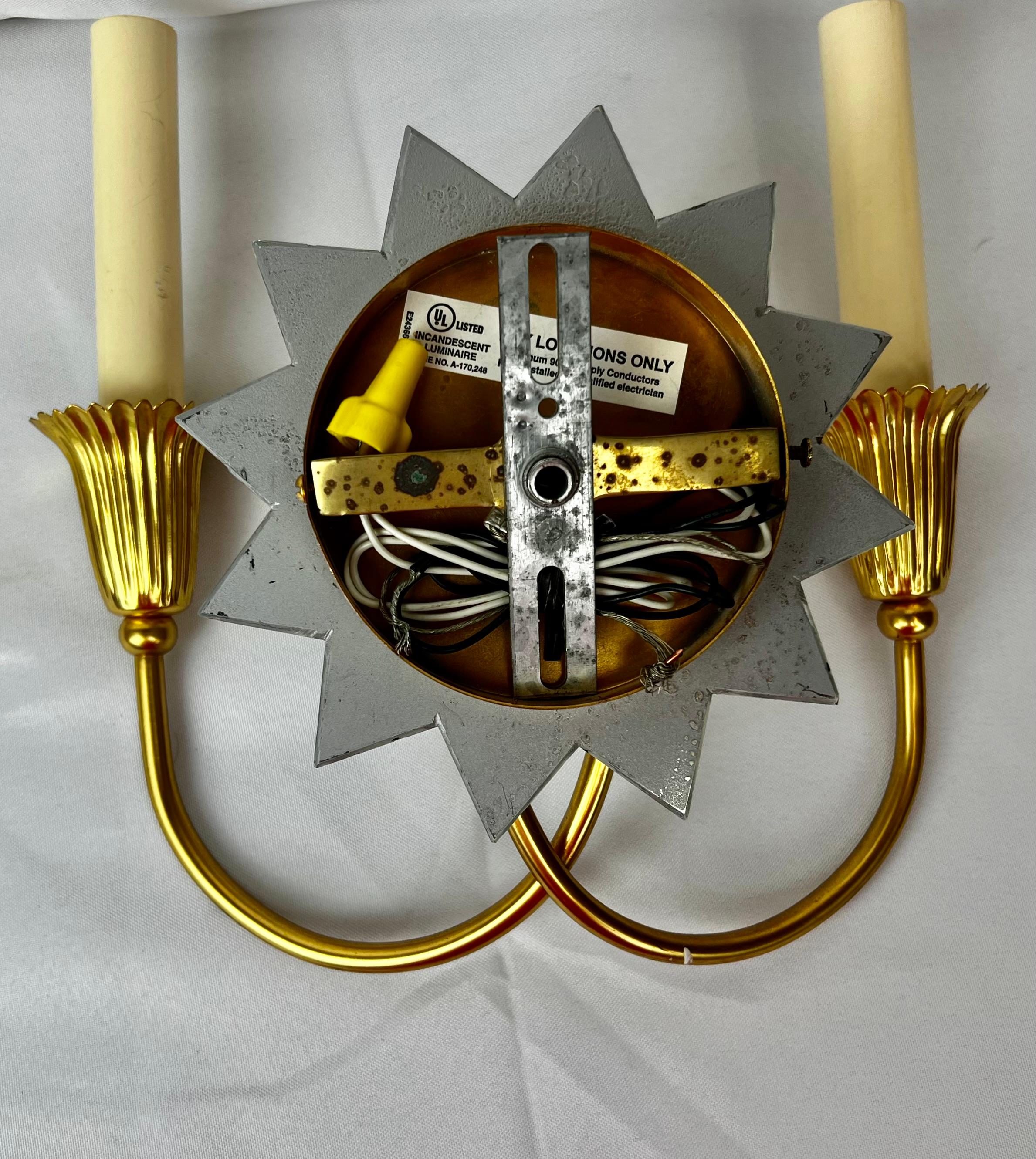 Pair of Gilt Two Light Sconces with Mirrored Twelve Point Star Bursts For Sale 1