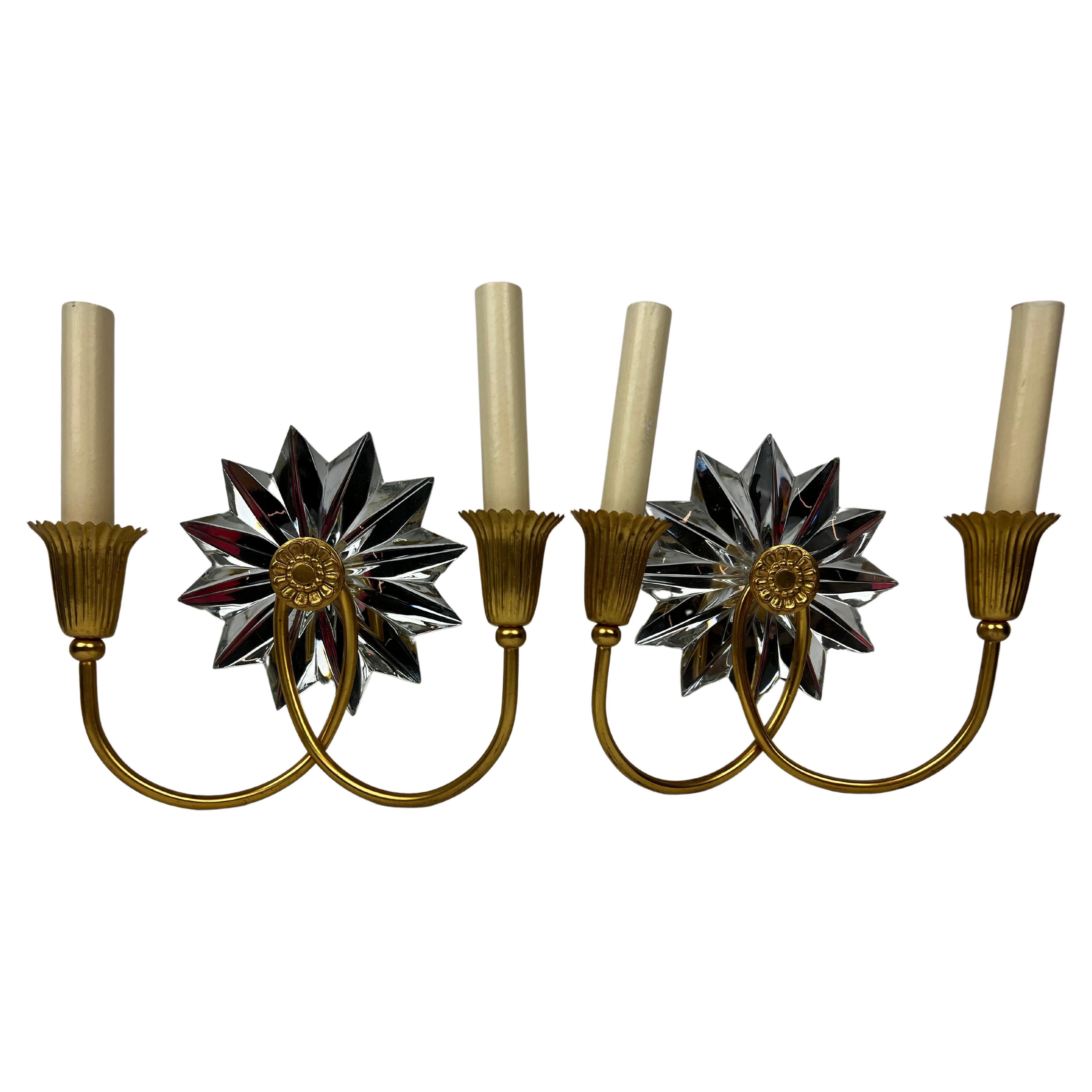 Pair of Gilt Two Light Sconces with Mirrored Twelve Point Star Bursts For Sale