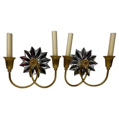 Retro Pair of Gilt Two Light Sconces with Mirrored Twelve Point Star Bursts