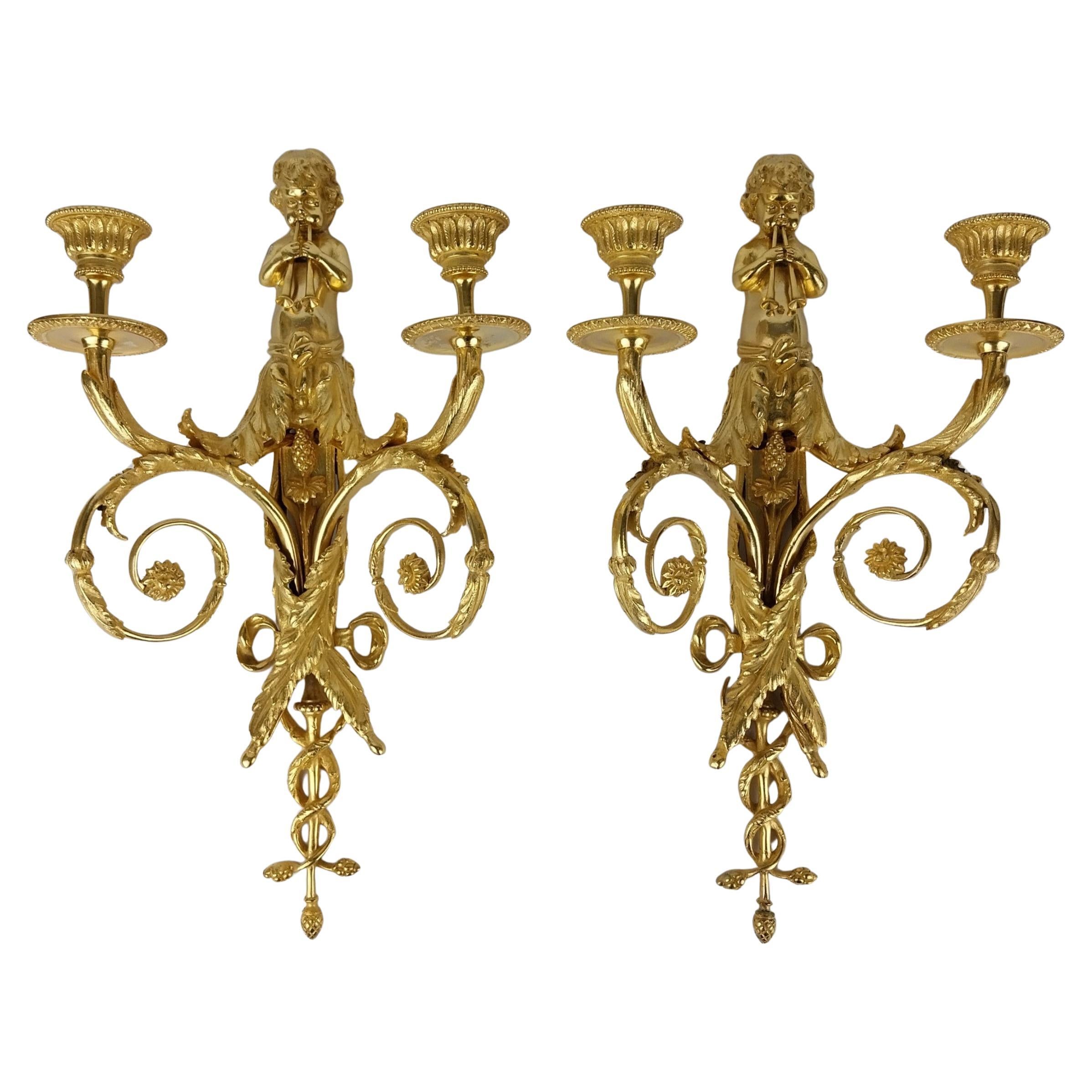 Pair of Gilt Bronze Cherub wall light sconces