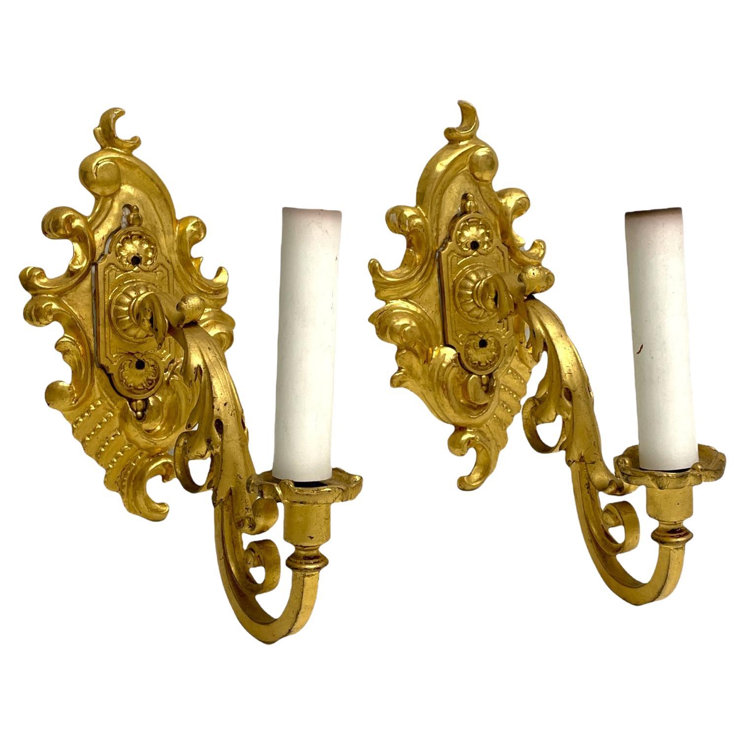 Pair of Gilt Wood and Gilt Metal Tole Toleware Sconces, Italy, 1960s For Sale