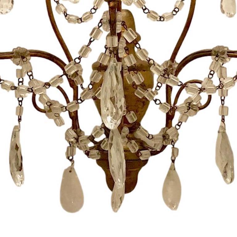 Italian Pair of Gilt Wood and Glass Beads Sconces For Sale