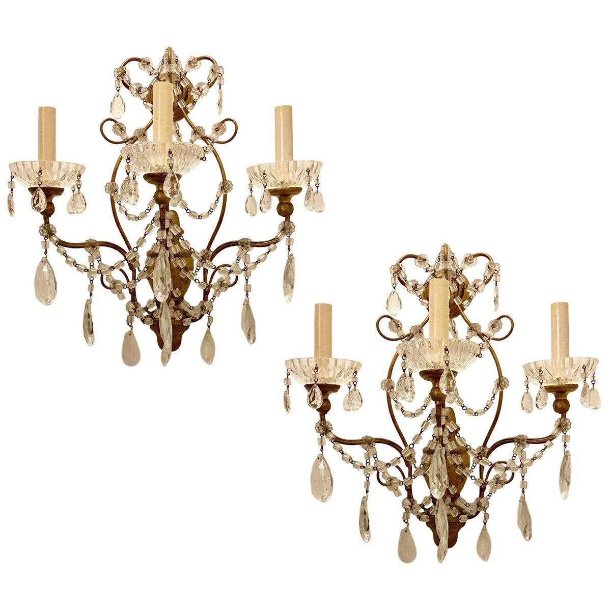 Pair of Gilt Wood and Glass Beads Sconces For Sale