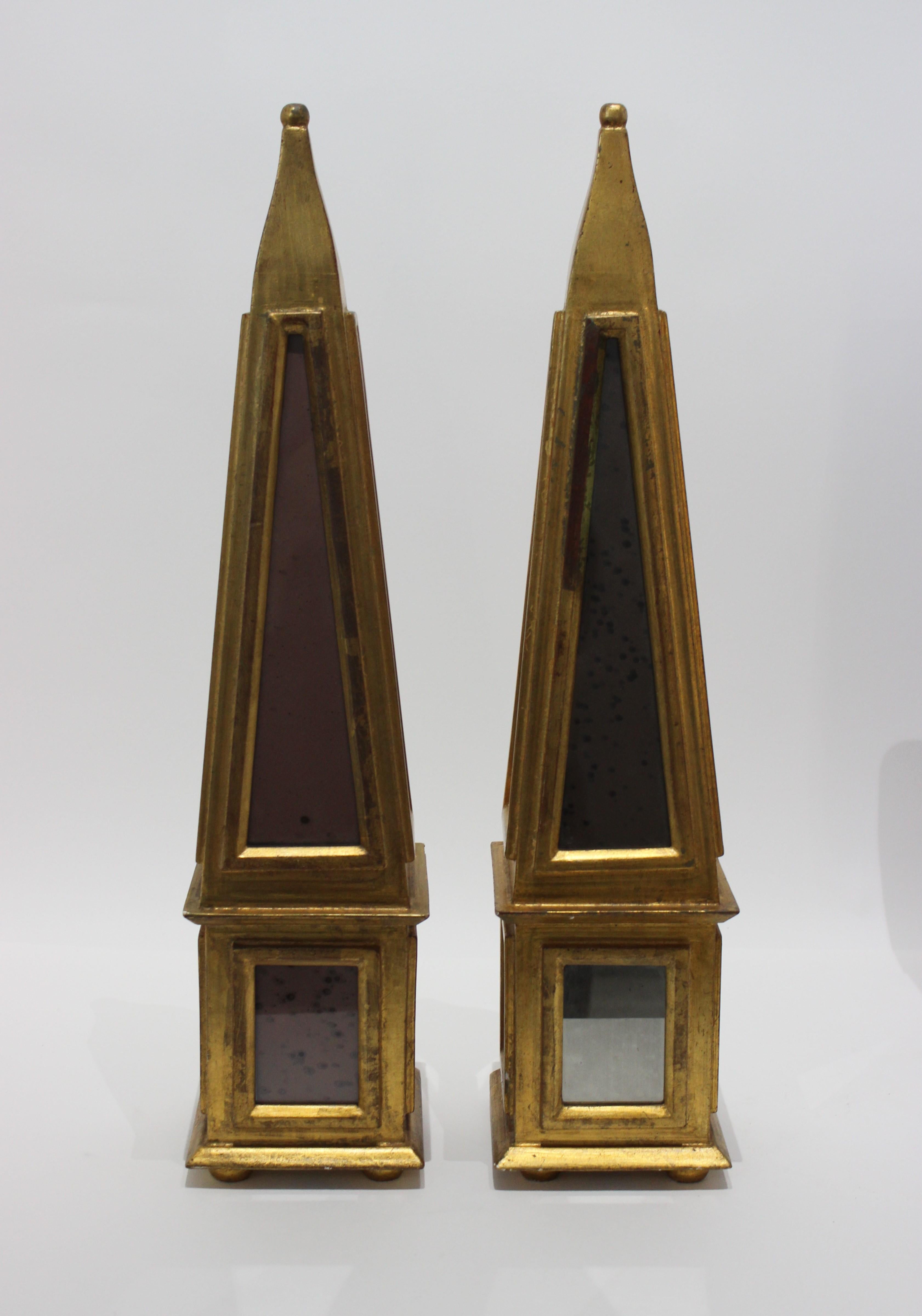 Hollywood Regency Pair of Giltwood and Mirror Florentine Obelisks