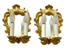 Pair of Gilt Wood and Mirror Tole Style Sconces, Italy, 1960s