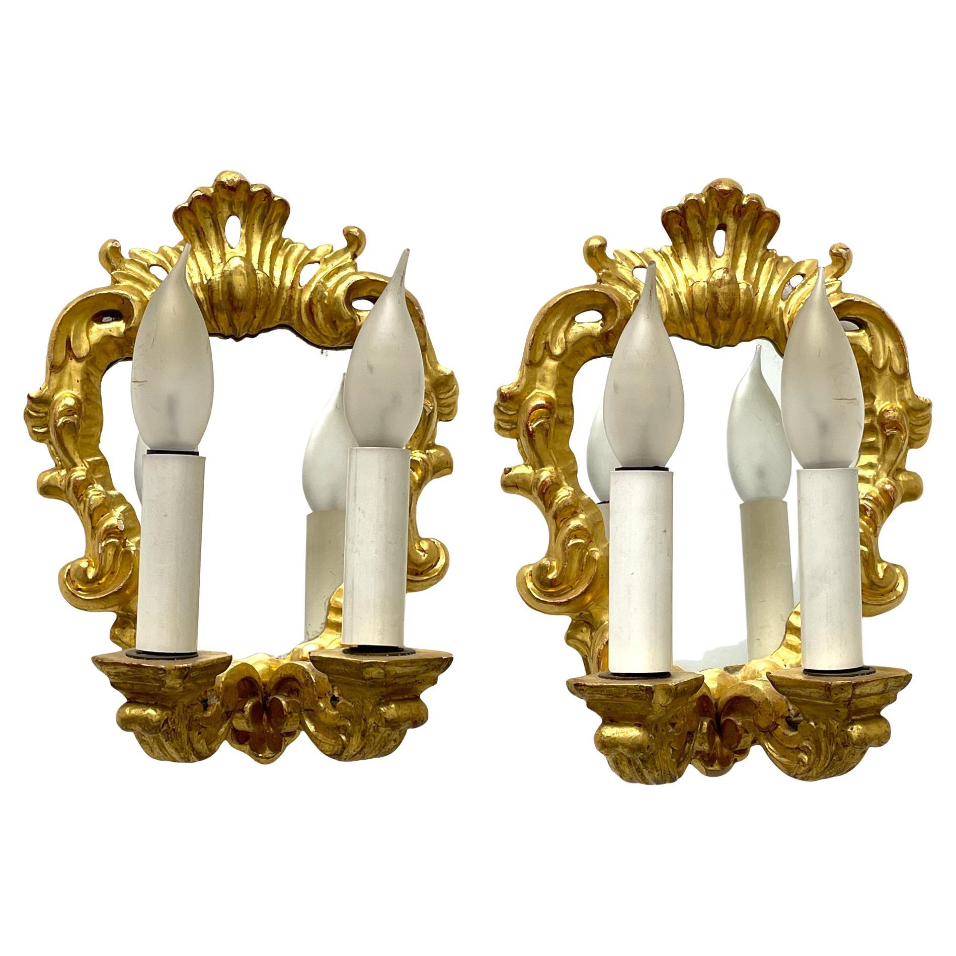 Pair of Gilt Wood and Mirror Tole Style Sconces, Italy, 1960s For Sale