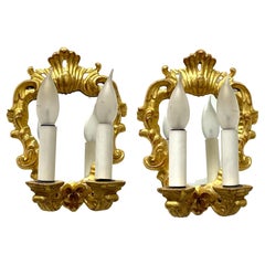 Retro Pair of Gilt Wood and Mirror Tole Style Sconces, Italy, 1960s