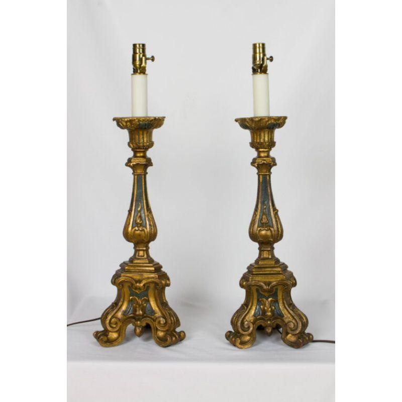 Pair of Gilt Wood Candlestick Lamps For Sale 3