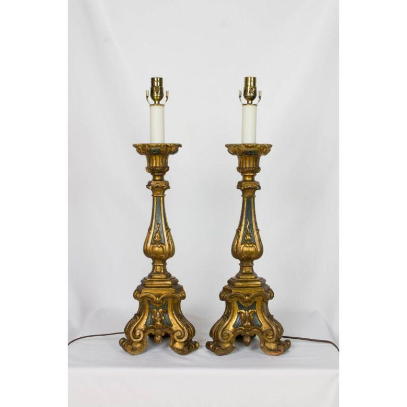 Pair of Gilt Wood Candlestick Lamps For Sale 5