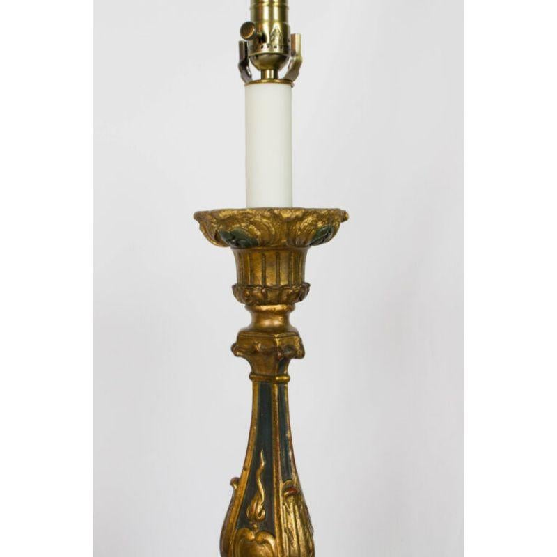 Italian Pair of Gilt Wood Candlestick Lamps For Sale