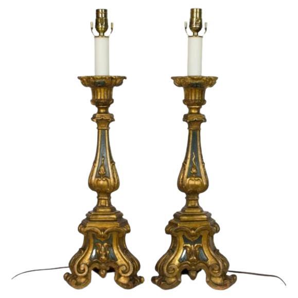 Pair of Gilt Wood Candlestick Lamps For Sale