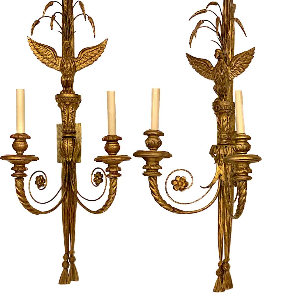 Pair of French 1920’s gilt wood sconces with original patina.

Measurements:
Height: 38″
Width: 18″
Depth: 10.5″