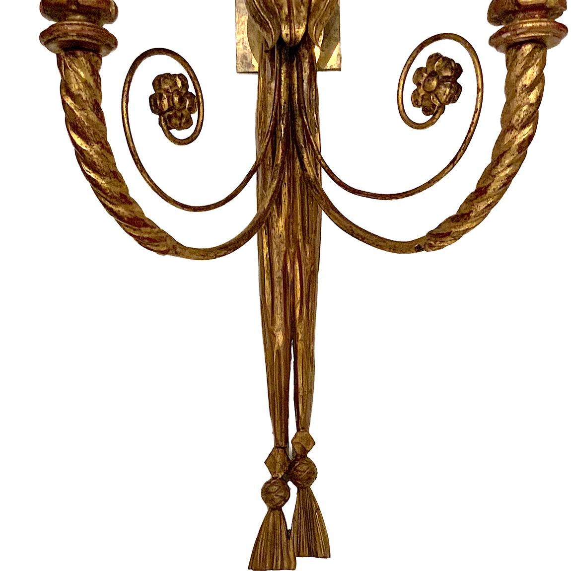 Early 20th Century Pair of Gilt Wood Empire Sconces For Sale