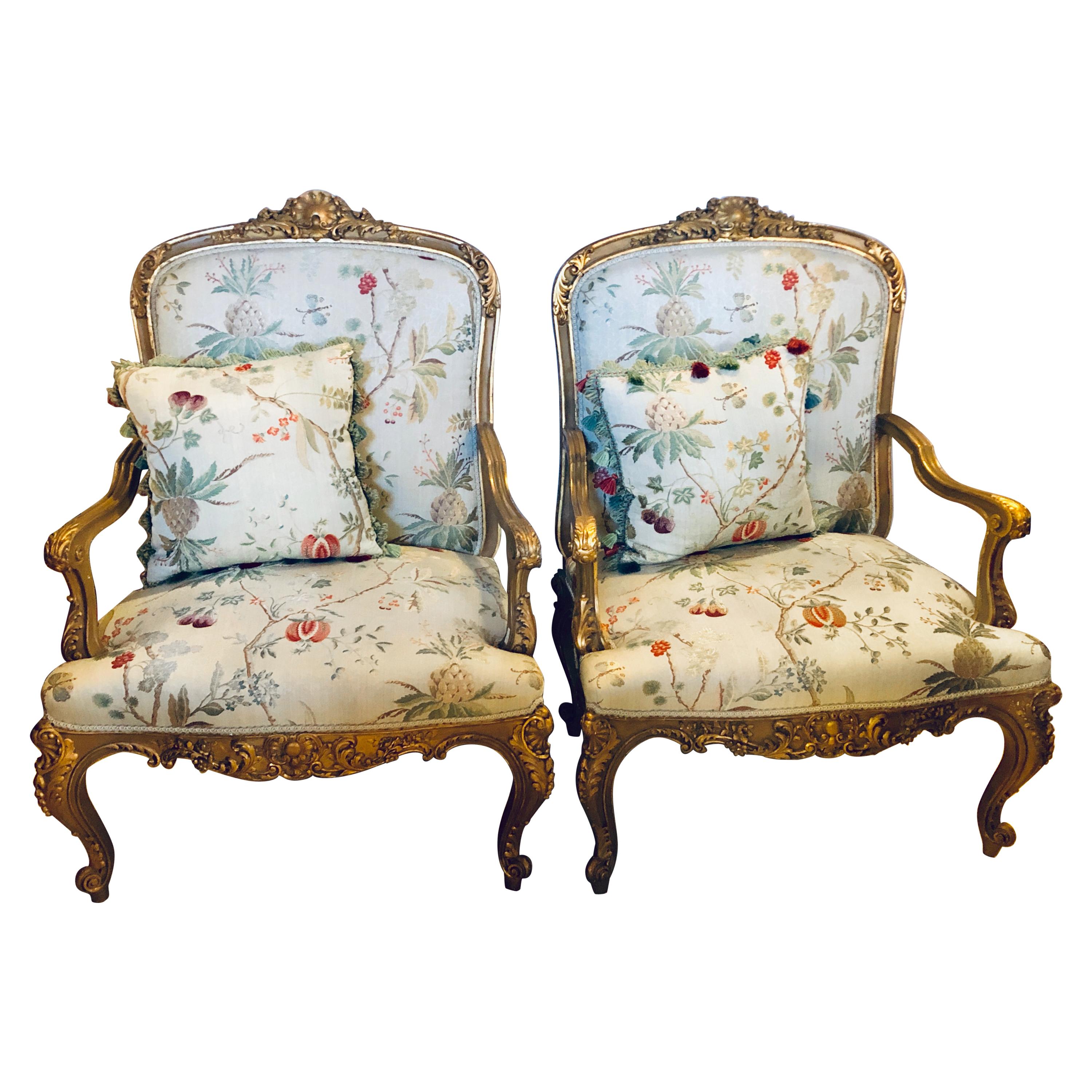 Pair Gilt Wood Louis XV Style Bergeres or Fauteuils in Scalamandre Fabric Jansen