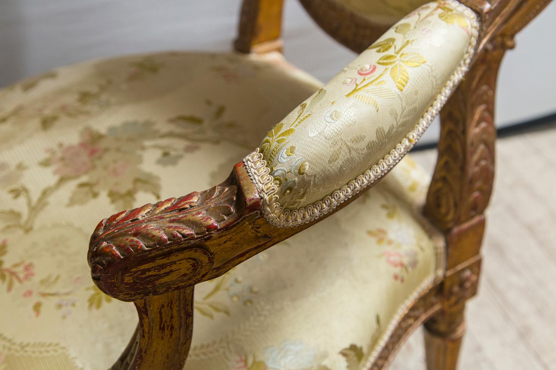 Hand-Carved Pair of Giltwood Louis XVI Style Fauteuils or Open Armchairs