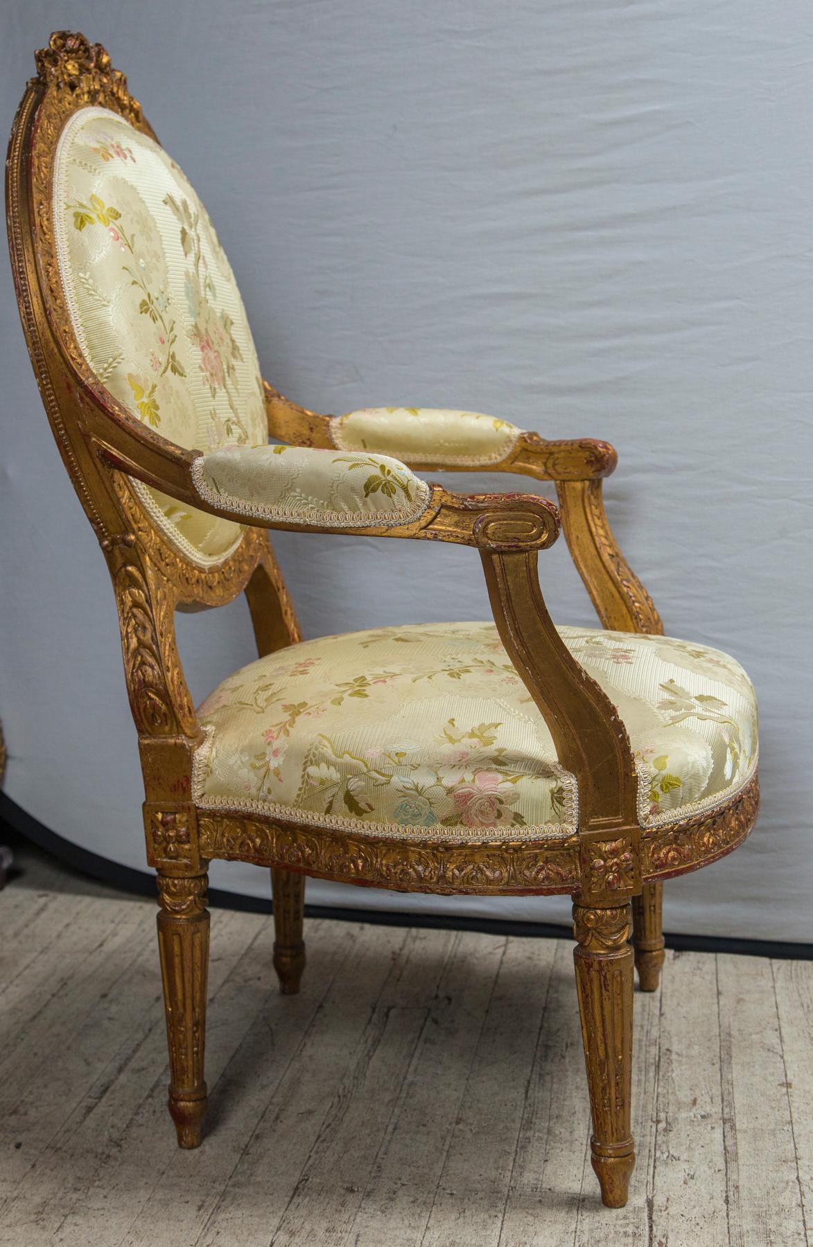 19th Century Pair of Giltwood Louis XVI Style Fauteuils or Open Armchairs