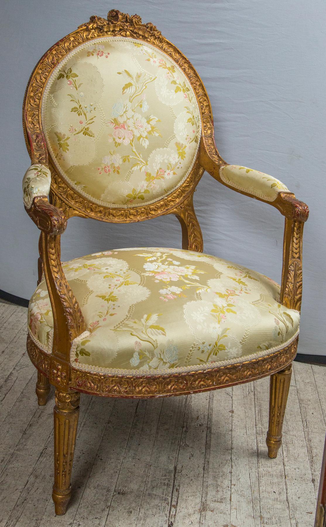Pair of Giltwood Louis XVI Style Fauteuils or Open Armchairs 2