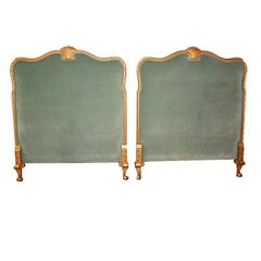 Antique Twin Neoclassical Mahogany Velvet Headboards with Giltwood Carved Detail Pair