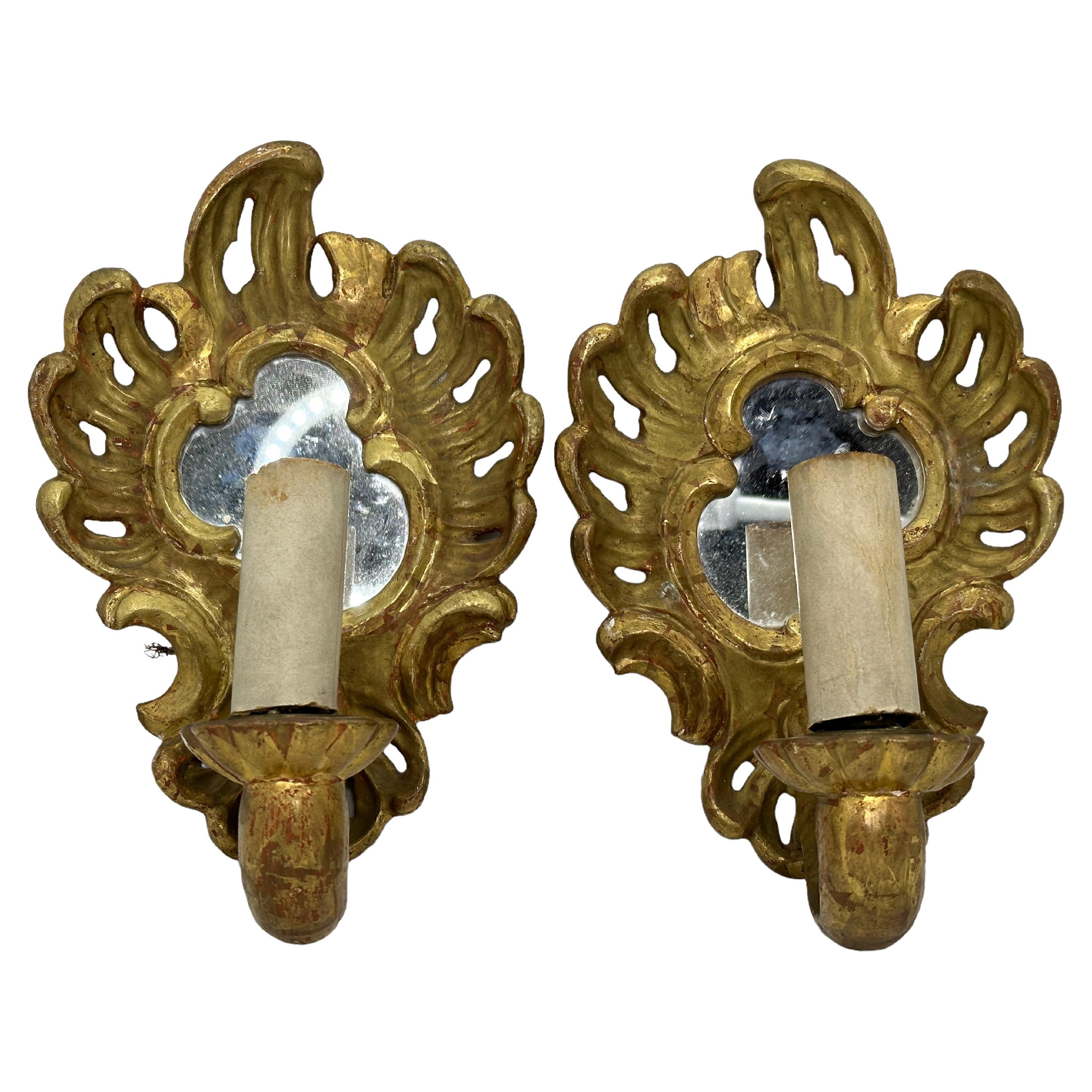 Pair of Gilt Wood Mirror Sconces Tole Toleware, Italy, 1920s For Sale