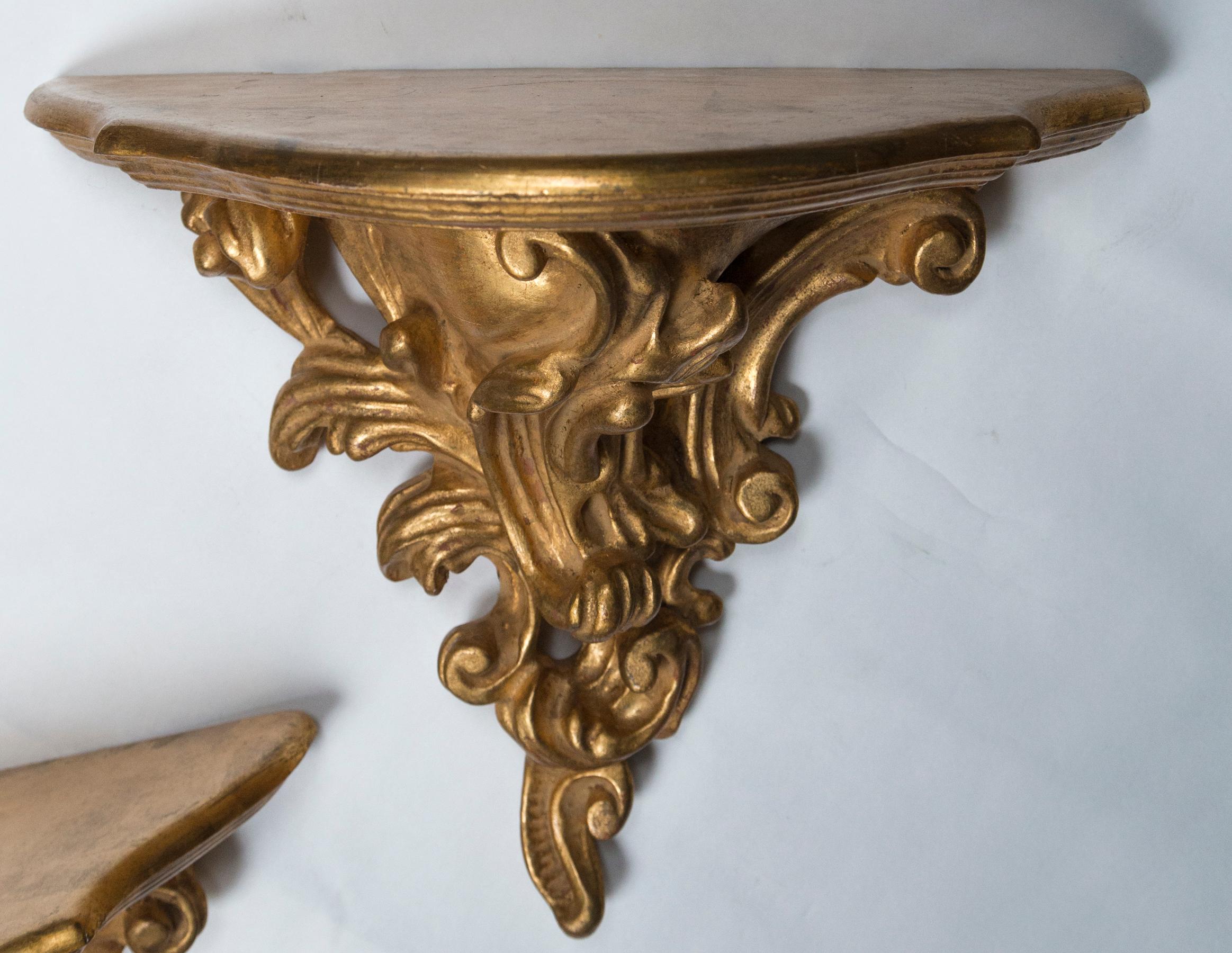 Hand-Carved Pair of Giltwood Rococco Style Wall Brackets