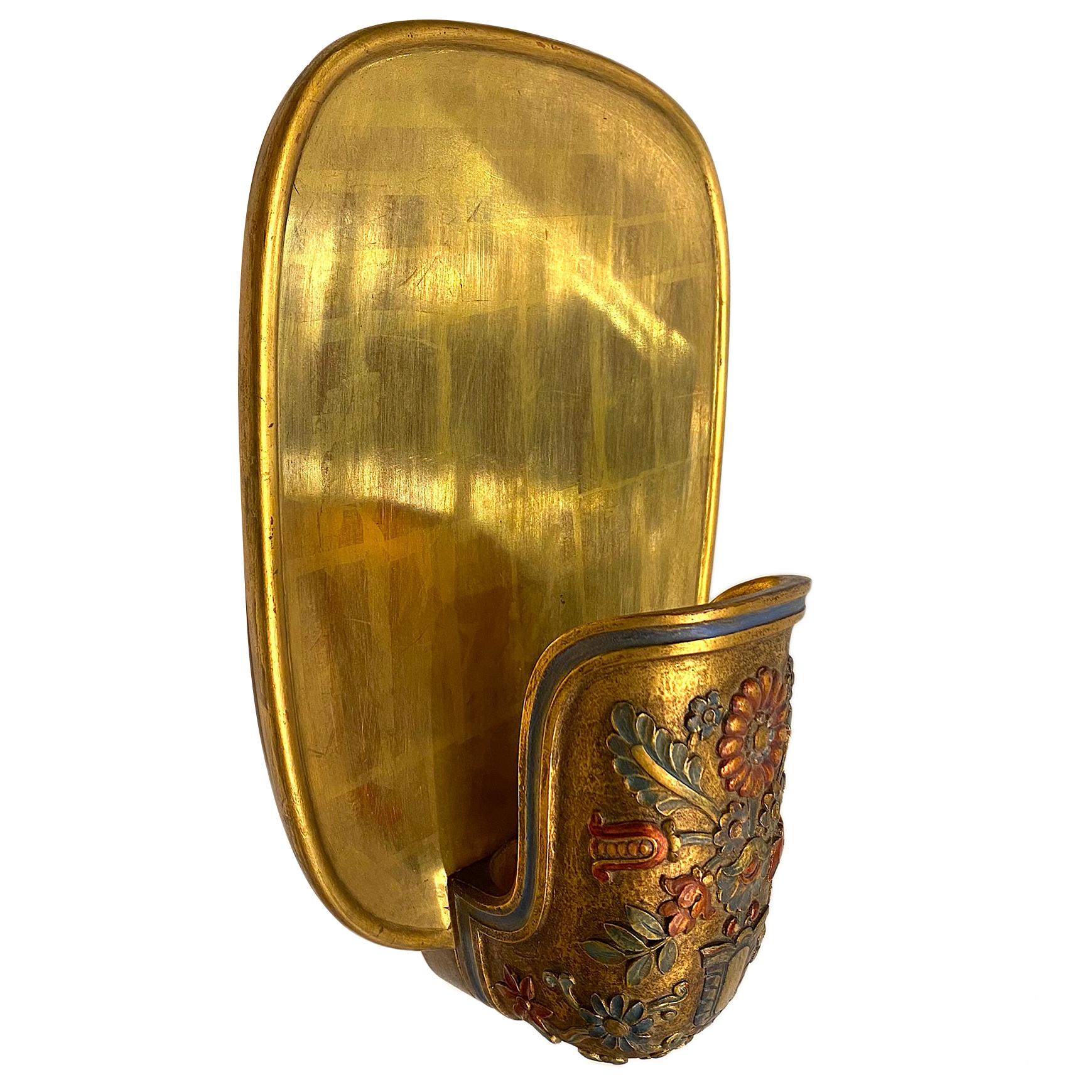 Pair of circa 1950s painted and gilt wood sconces with original patina.

Measurements:
Height: 14.25