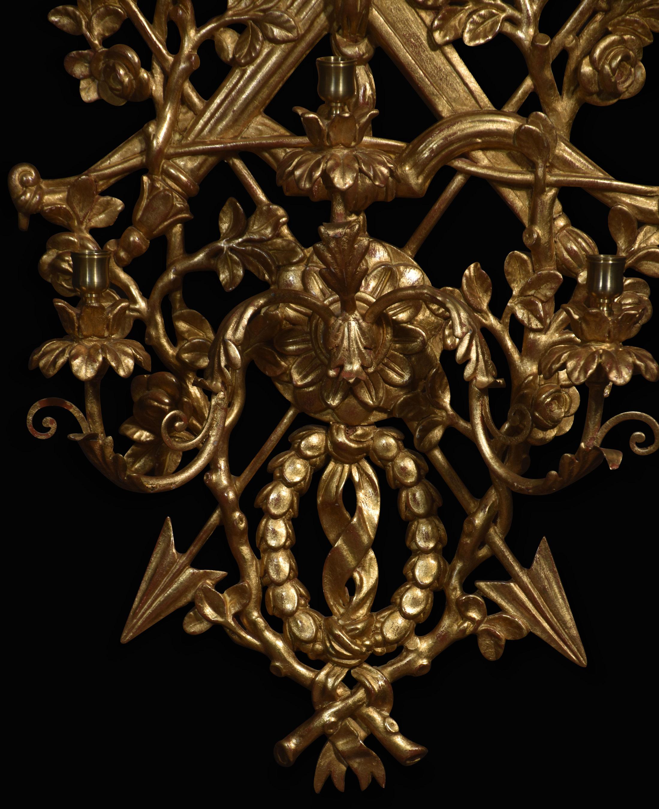 French Pair of gilt-wood three light wall appliqués For Sale