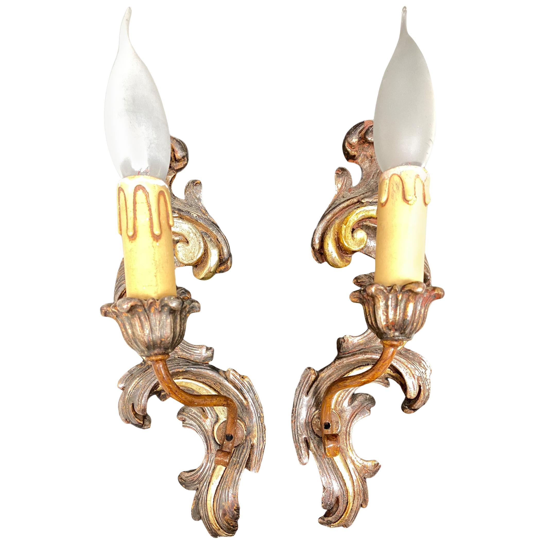 Pair of Giltwood Tole Style Sconces, Italy, 1960s For Sale