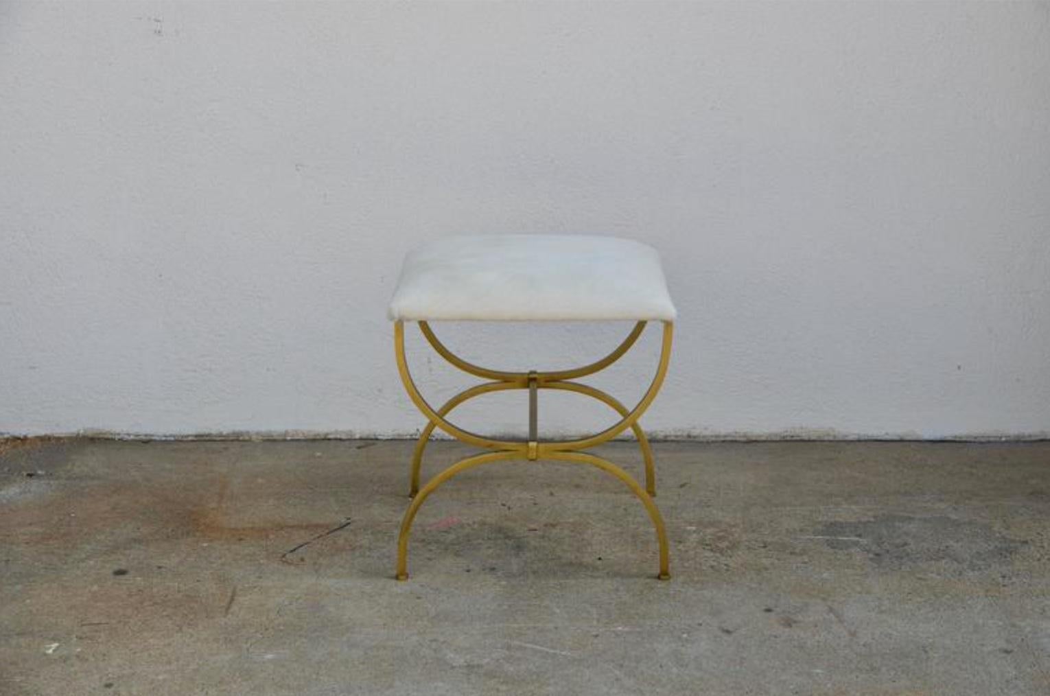 Neoclassical Revival Pair of Gilt Wrought Iron and Hide Stools by Design Frères For Sale