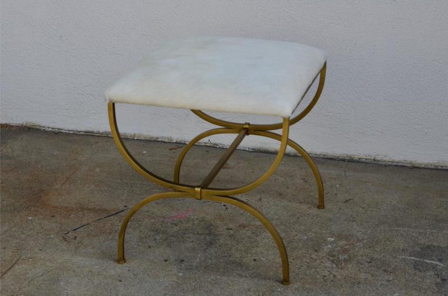 French Pair of Gilt Wrought Iron and Hide Stools by Design Frères For Sale