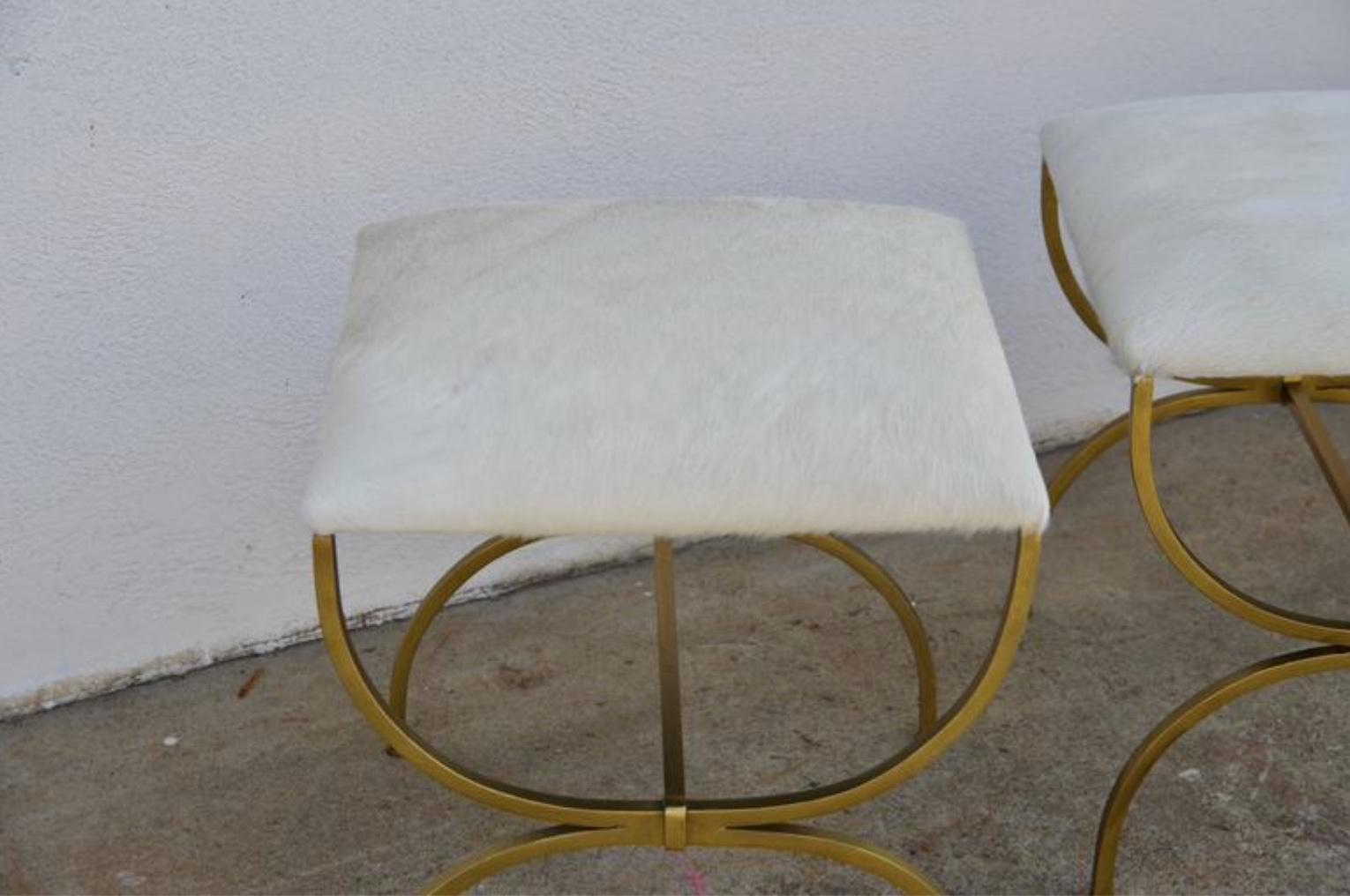 Pair of Gilt Wrought Iron and Hide Stools by Design Frères In Excellent Condition For Sale In Los Angeles, CA