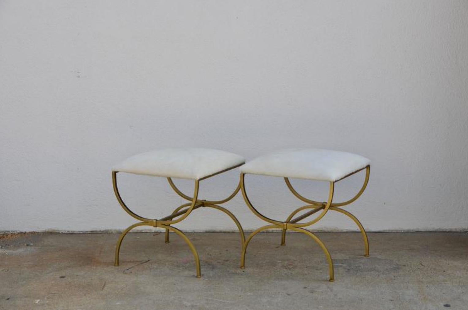 Pair of Gilt Wrought Iron and Hide Stools by Design Frères For Sale 1