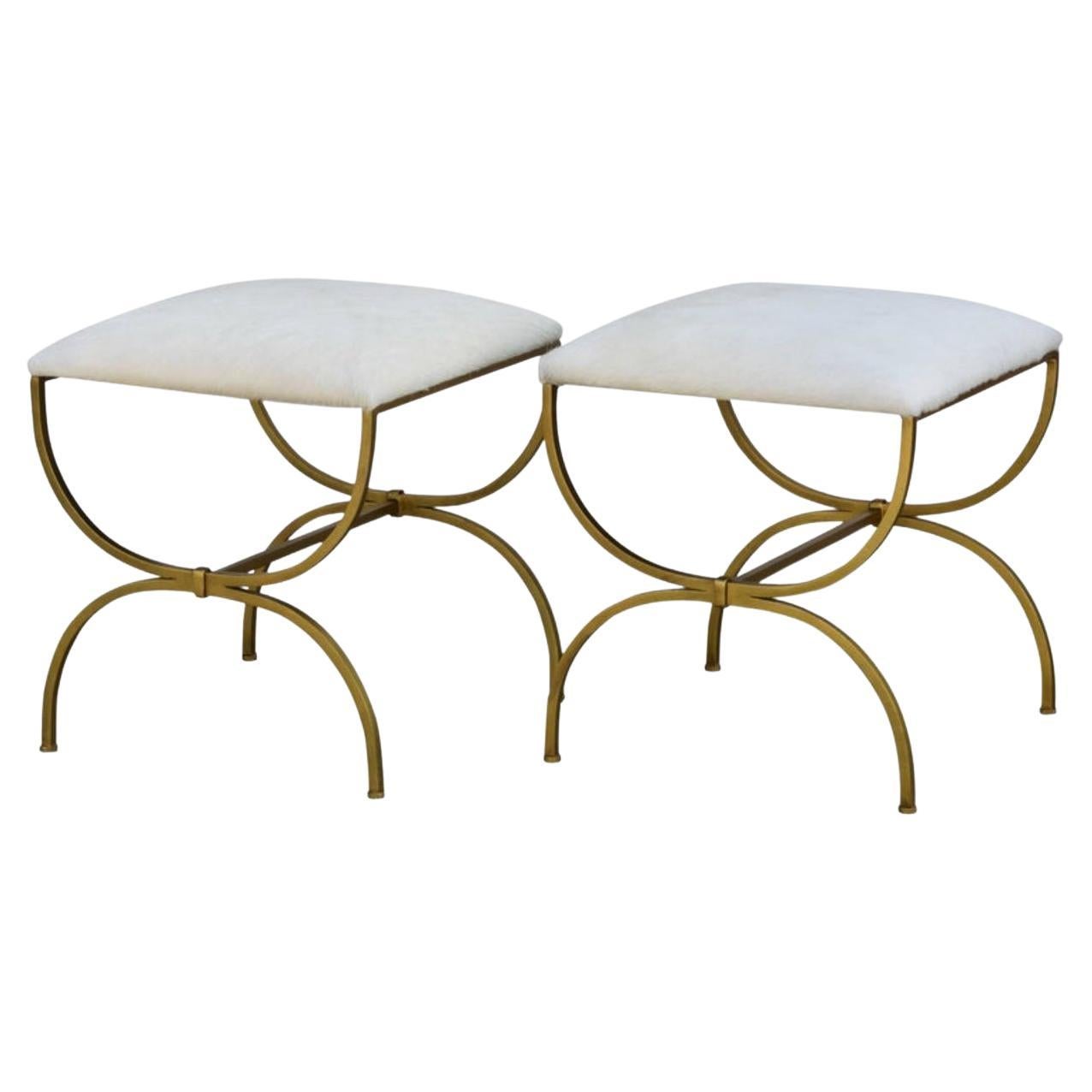 Pair of Gilt Wrought Iron and Hide Stools by Design Frères For Sale