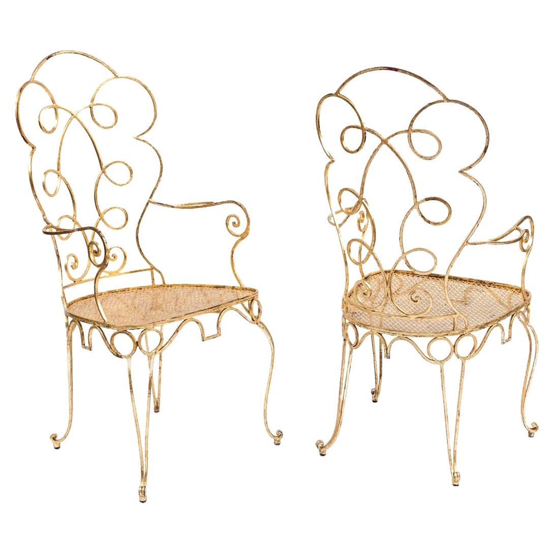 Pair of Gilt Wrought Iron Armchairs, circa 1990 For Sale