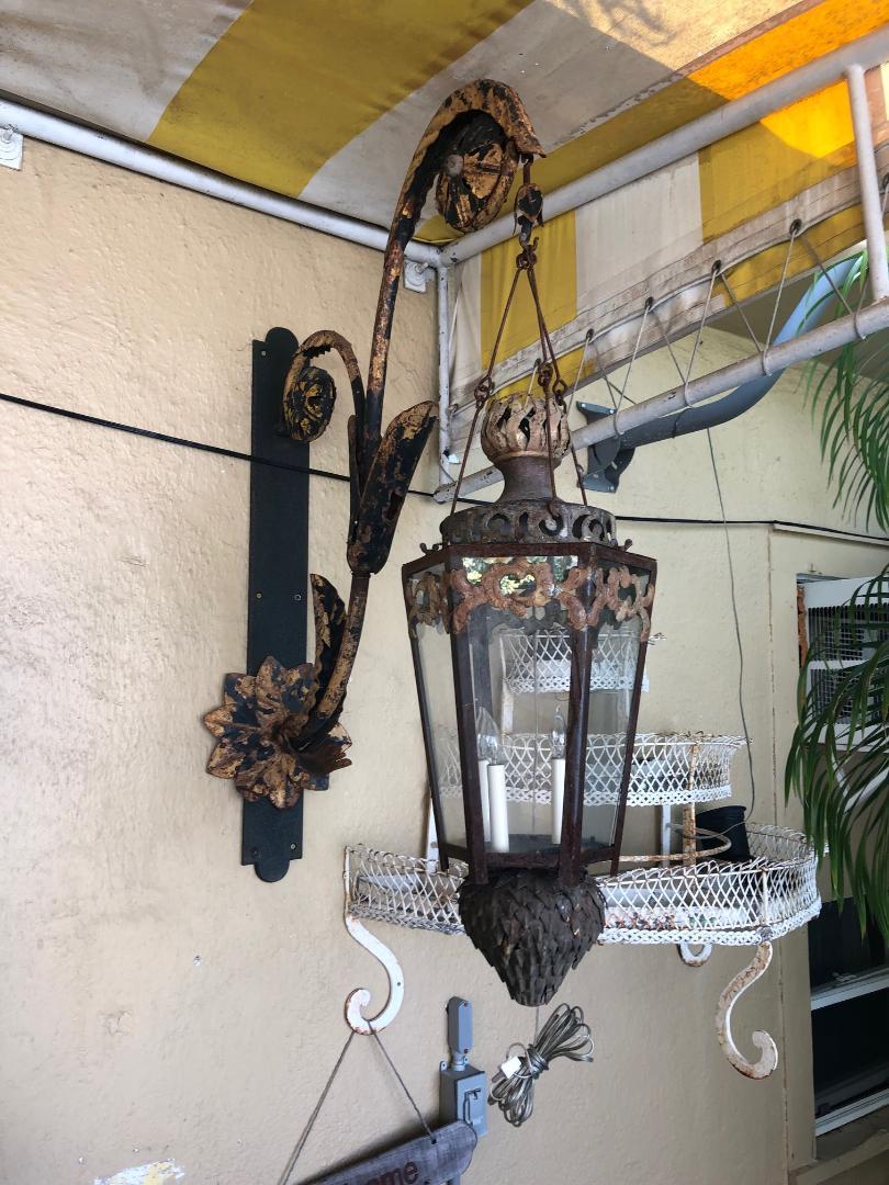 Pair of Gilt Wrought Iron Chandeliers with Gilt Brackets 6