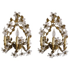 1930's Pair French Wrought Iron Crystal Thee-Light Wall Sconces by Maison Bagues