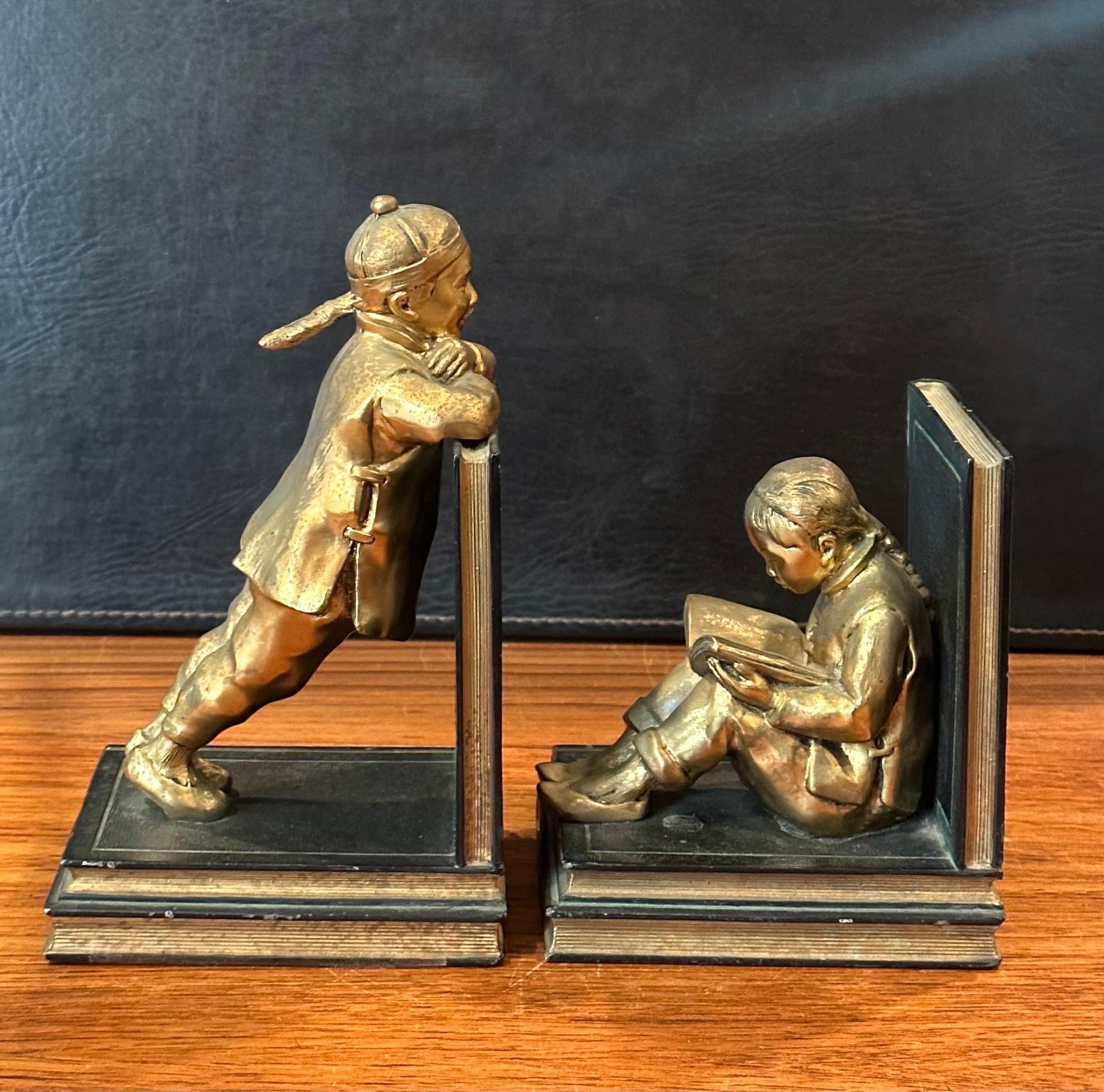 Pair of Gilted Metal Clad Chinese Scholar  Bookends by Ronson Art Metal Works For Sale 13