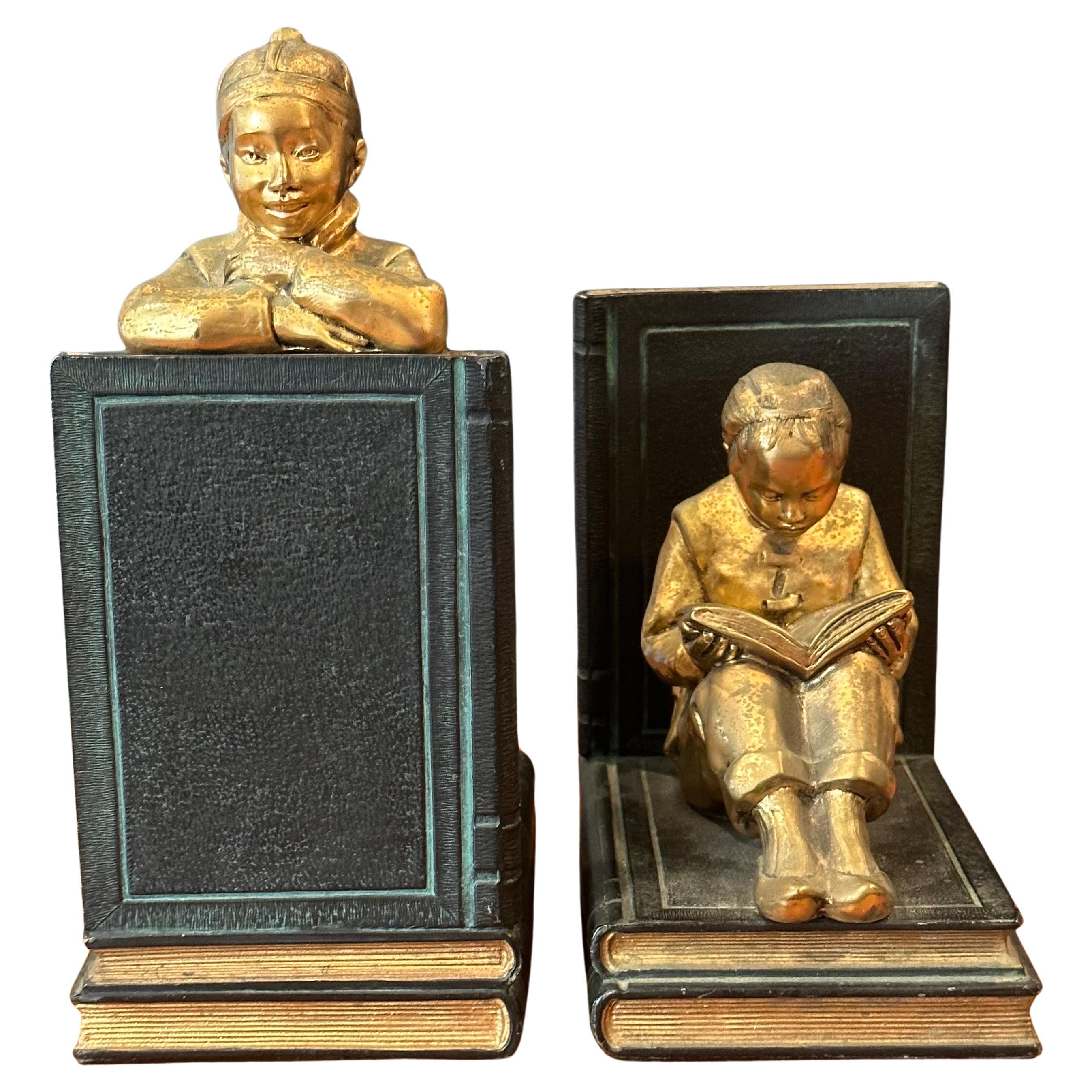 Pair of Gilted Metal Clad Chinese Scholar  Bookends by Ronson Art Metal Works In Good Condition For Sale In San Diego, CA