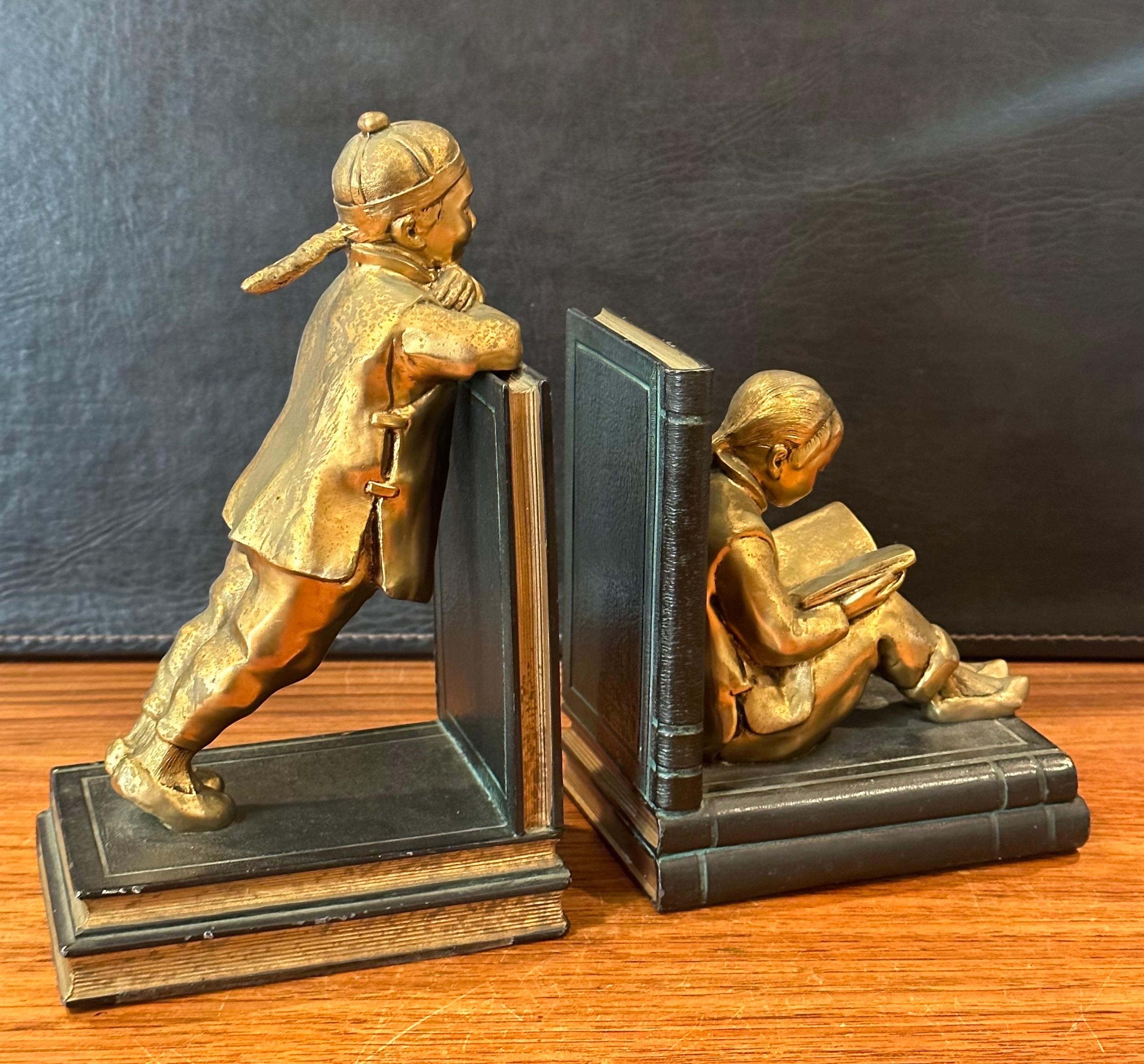 Pair of Gilted Metal Clad Chinese Scholar  Bookends by Ronson Art Metal Works For Sale 2