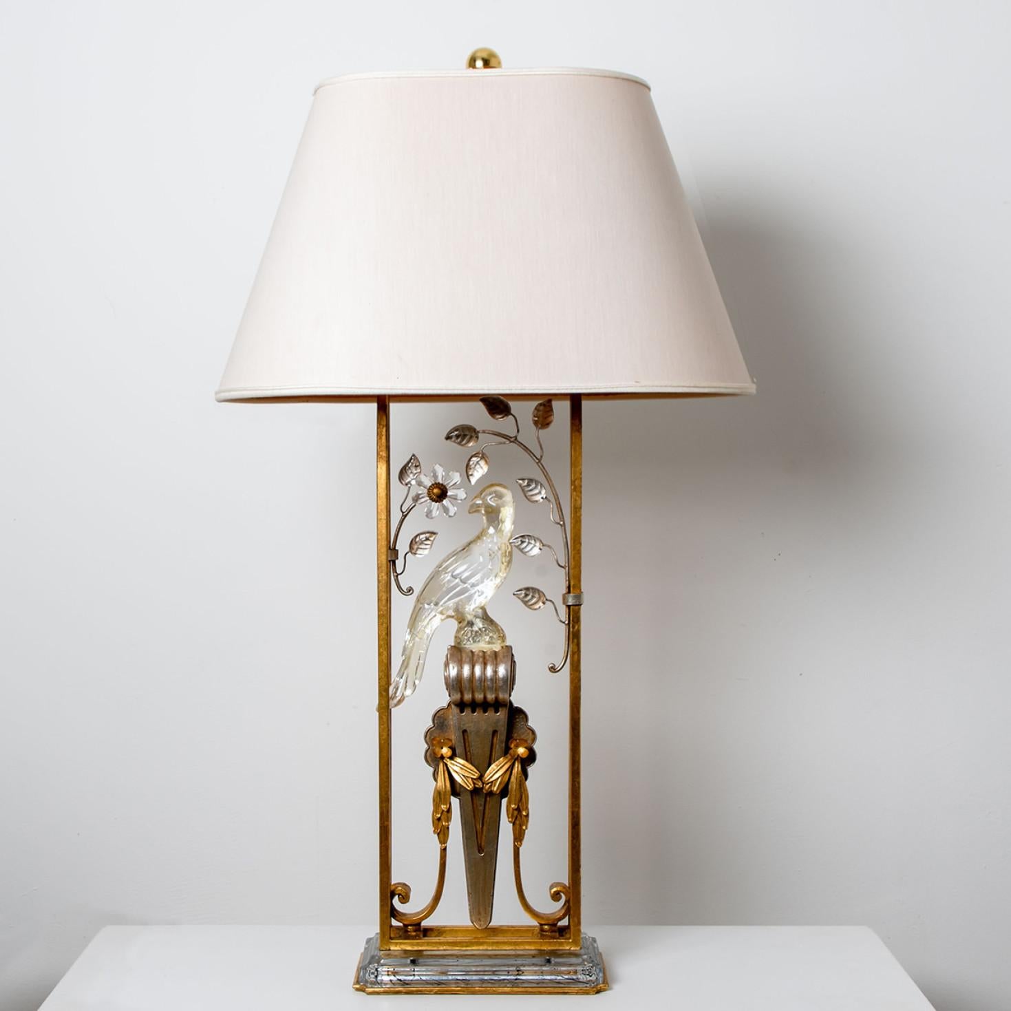 Pair of Gilted Metal, Silver Leaf & Crystal Parrot table lamp attr to Maison Bag 3